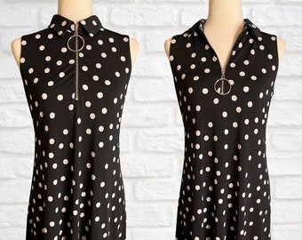 Vintage Ivy Lane Black White Polka Dot Swing Dress Collared with Zipper Size Small Retro 1990's Short Mini A-Line