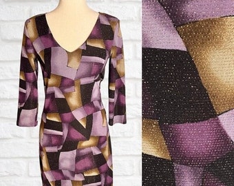 Robe scintillante violette à manches 3/4 et col en V vintage des années 2000 à imprimé géométrique pour juniors, grande taille par Von Mozart Glitter Stretch