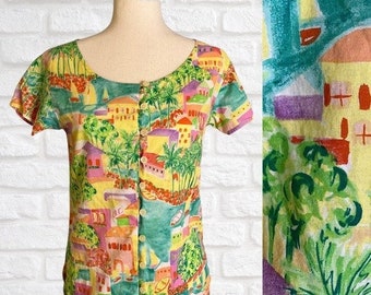 Vintage ESPRIT Blouse Tropical Print Scoop Neck Short Sleeve Long Tunic Size Small Village Pattern