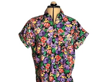 Vintage 1990's or Late 1980's Floral Short Sleeve Button Down Shirt Blouse Women's Size Small Purple Green Black Yellow