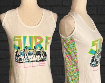 Vintage 1980's Pink Green Surf Club Tank Top Retro T-Shirt Women's Size Small Surfer Tee by Croquet Club