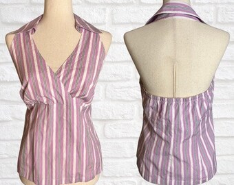 Vintage 2000's Purple Pinstripe Collared Halter Top Size 10 Backless Sleeveless Ann Taylor Loft Vertical Stripes Blouse