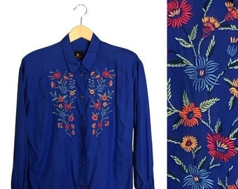 Vintage 1990's Blue Pearl Snap Floral Embroidered Blouse Women's Western Shirt Size Large w Shoulder Pads by LizSport.