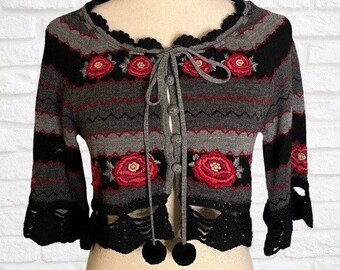 Vintage 1990's Cropped Nanette Lepore Wool Cashmere Mohair Cardigan Embroidered Roses Pompoms Sweater Knit Eclectic Goth