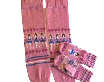 Vintage 1980's Little Girls' Leg Warmers and Mittens Set with Ballet Design Ballerina Motif Size 3-6 Pink and Purple Winter Accessories