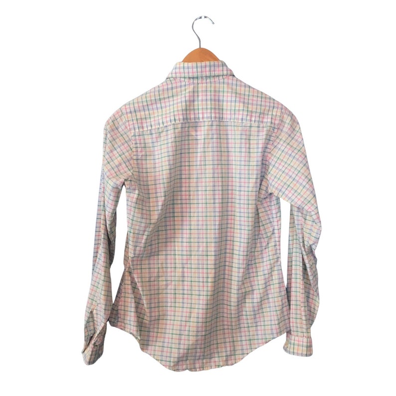 Vintage 1980/'s or 1970/'s Nantucket Plaid Peter Pan Collar Shirt Ruffle Detail Button Down Blouse Long Sleeve Pink Green Yellow Size Medium