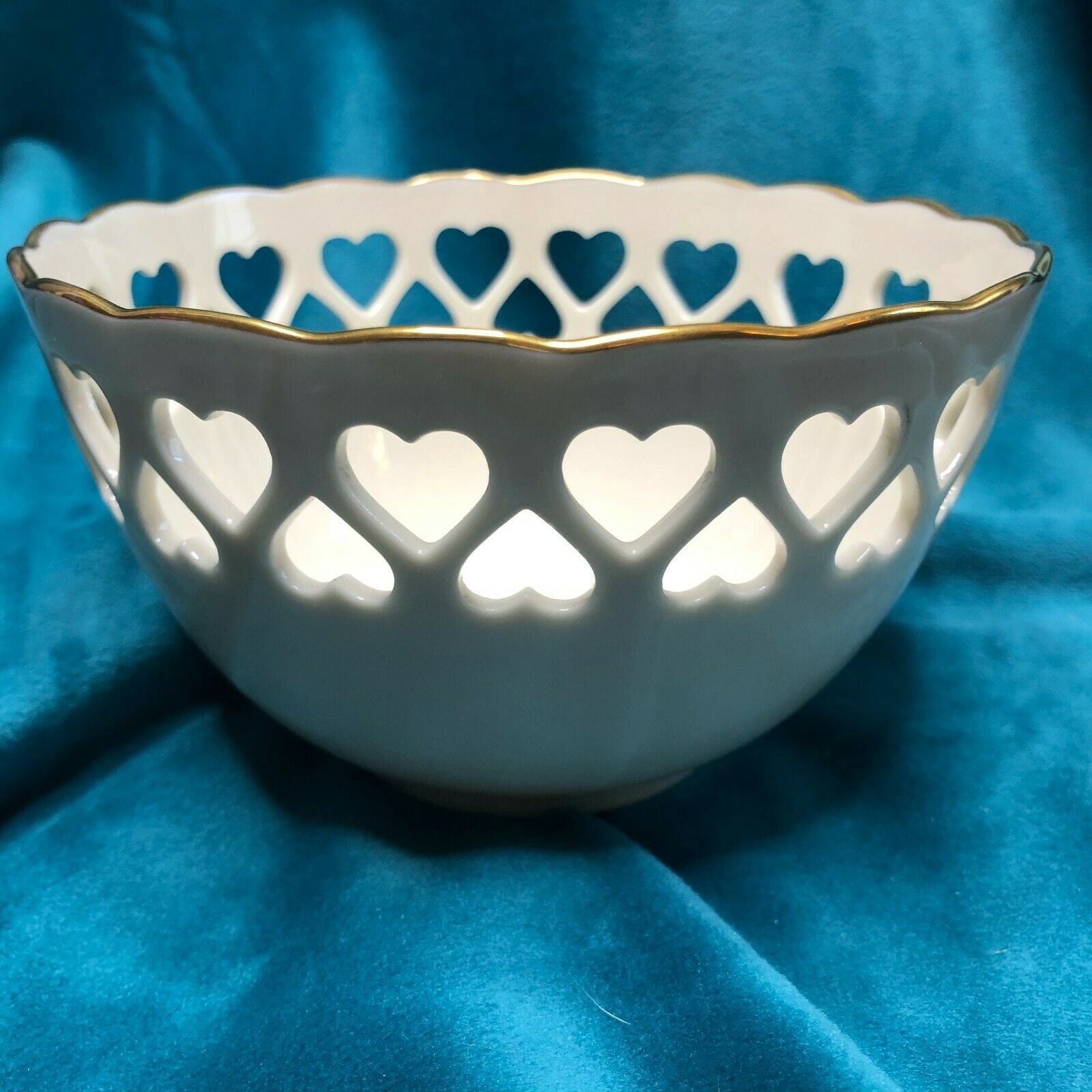 Vintage Lenox Cut Out Heart Footed Bowl Gold Rim W Rose in Center Ceramic Ivory Heart Collection