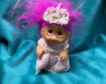 Vintage 1985 Dam Troll Purple Hair Pink Dress 3" Toy Doll Retro 1980's Small Hair Piece Lace Dress Retro