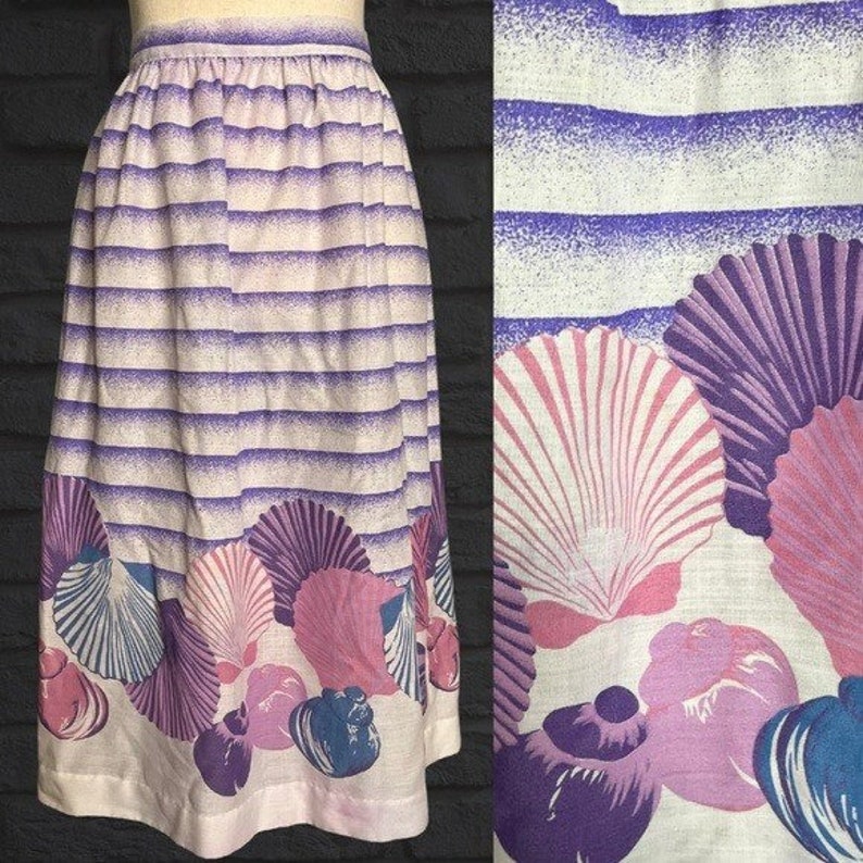 vintage Handmade Seashell Midi Jupe Purple White Stripes A-Line Retro Lightweight Beach Vibes Coastal Grandma image 1