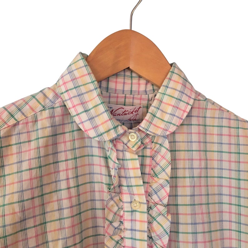 Vintage 1980/'s or 1970/'s Nantucket Plaid Peter Pan Collar Shirt Ruffle Detail Button Down Blouse Long Sleeve Pink Green Yellow Size Medium