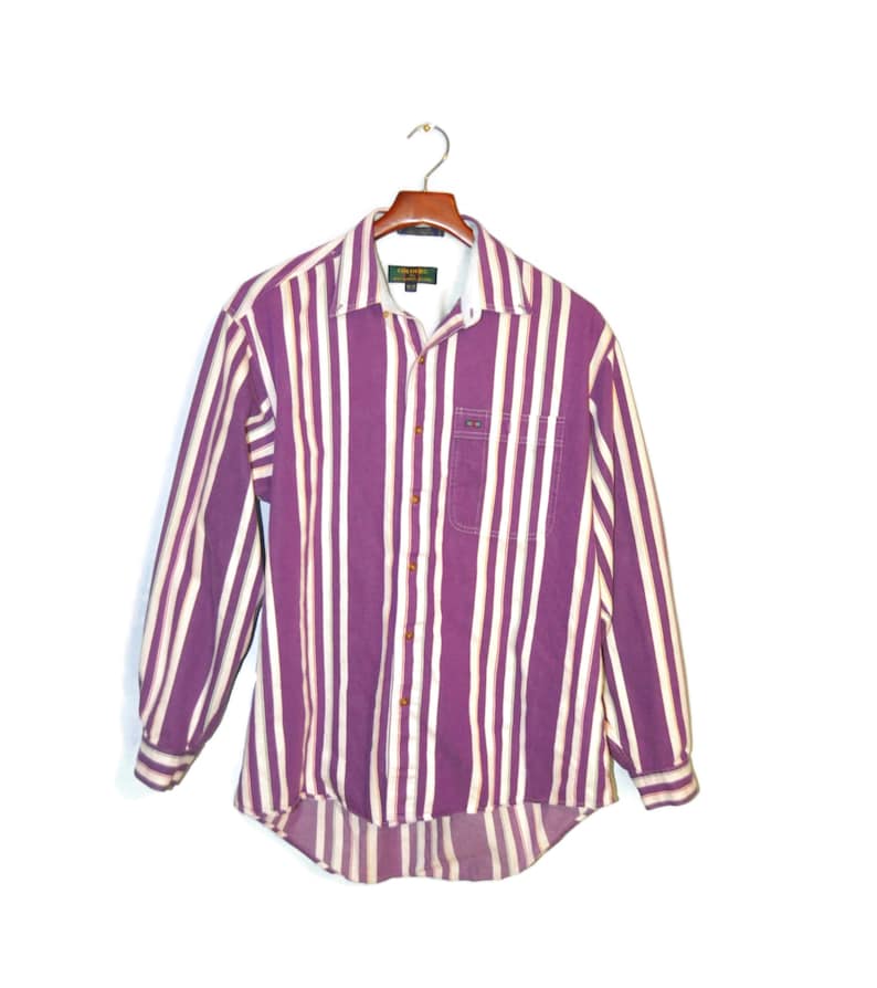 Vintage 1990/'s Men/'s Striped Button Down Long Sleeve Shirt Purple with Colorful Rainbow Vertical Stripes Size Medium Relaxed Fit Oxford
