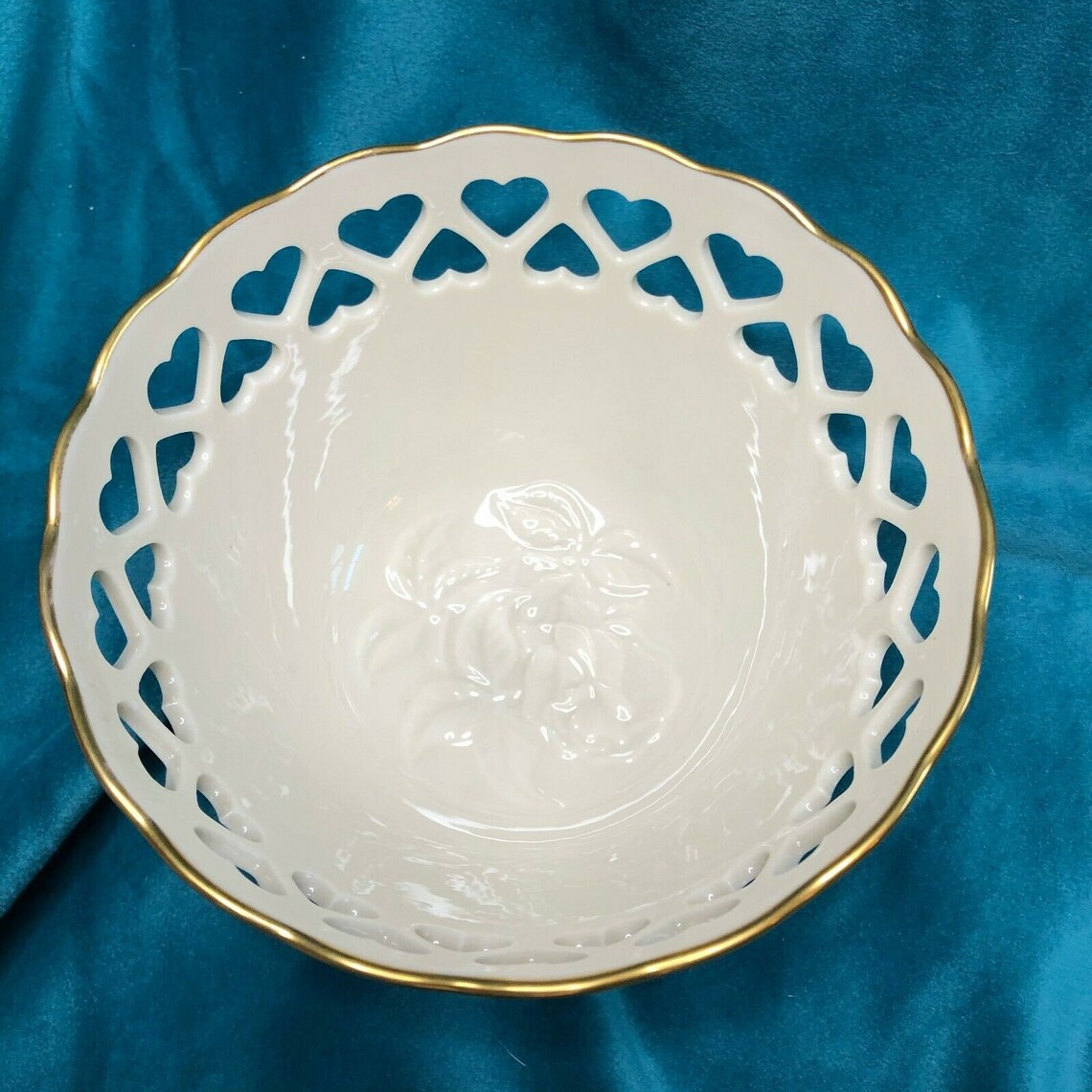 Vintage Lenox Cut Out Heart Footed Bowl Gold Rim W Rose in Center Ceramic Ivory Heart Collection