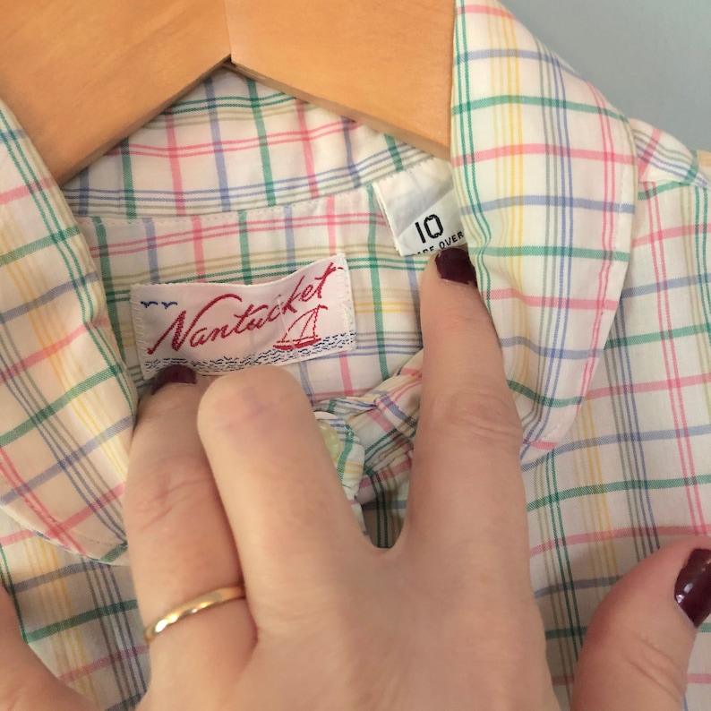 Vintage 1980/'s or 1970/'s Nantucket Plaid Peter Pan Collar Shirt Ruffle Detail Button Down Blouse Long Sleeve Pink Green Yellow Size Medium