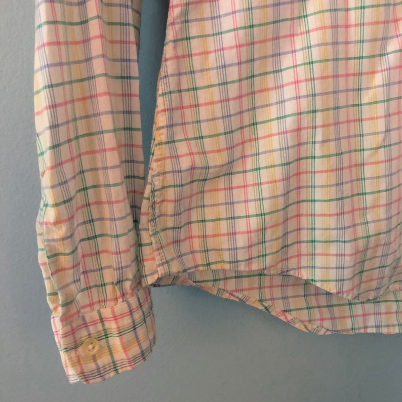 Vintage 1980/'s or 1970/'s Nantucket Plaid Peter Pan Collar Shirt Ruffle Detail Button Down Blouse Long Sleeve Pink Green Yellow Size Medium