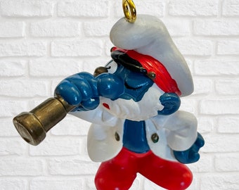 Vintage 1980's Mini Papa Smurf with Telescope Pirate Captain Christmas Holiday Ornament Retro Toy Nostalgic Nostalgia Decoration to Hang