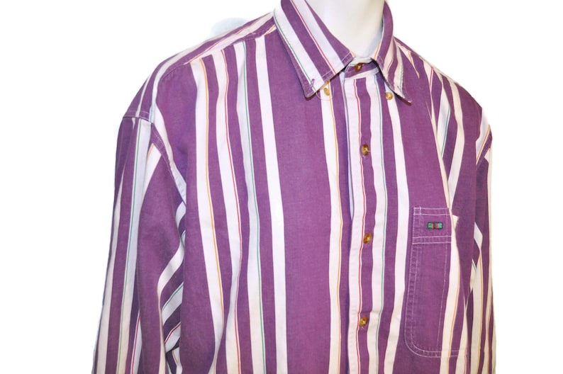 Vintage 1990/'s Men/'s Striped Button Down Long Sleeve Shirt Purple with Colorful Rainbow Vertical Stripes Size Medium Relaxed Fit Oxford