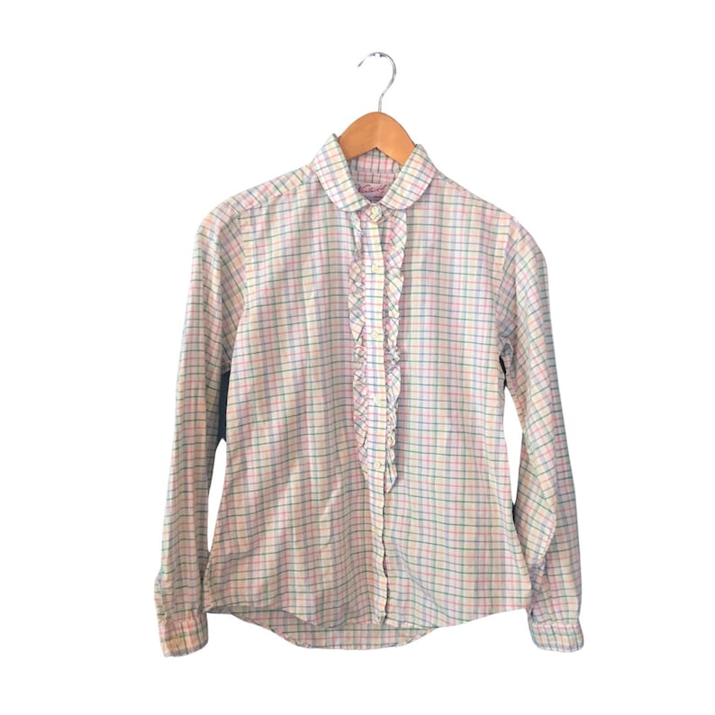 Vintage 1980/'s or 1970/'s Nantucket Plaid Peter Pan Collar Shirt Ruffle Detail Button Down Blouse Long Sleeve Pink Green Yellow Size Medium