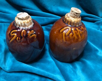 Vintage Hull Brown Drip Salt and Pepper Shakers Oven Proof w Cork Stoppers Retro Ceramic