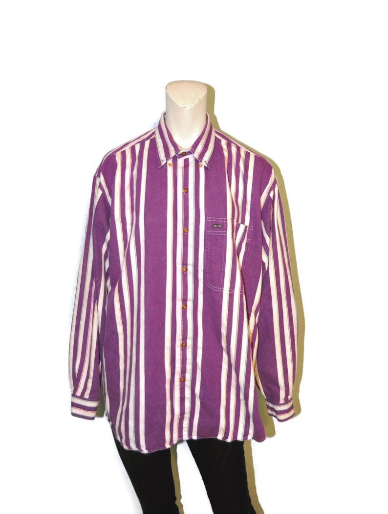 Vintage 1990/'s Men/'s Striped Button Down Long Sleeve Shirt Purple with Colorful Rainbow Vertical Stripes Size Medium Relaxed Fit Oxford
