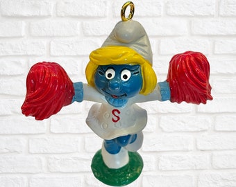 Vintage 1980's Mini Smurf Smurfette Cheerleader Christmas Holiday Ornament Retro Toy Nostalgic Nostalgia Decoration to Hang