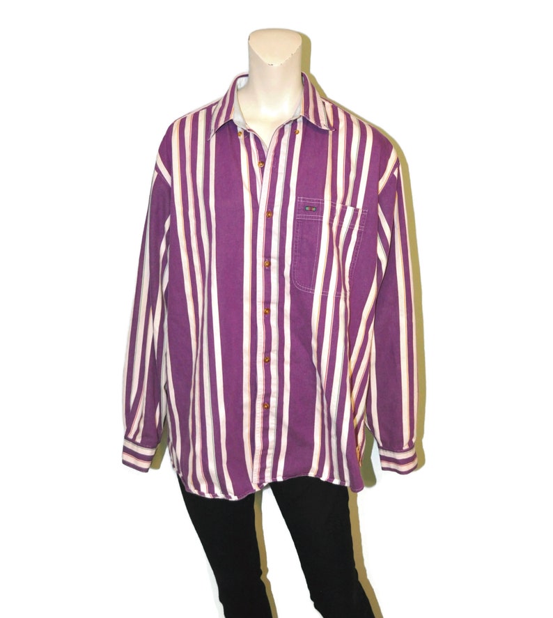 Vintage 1990/'s Men/'s Striped Button Down Long Sleeve Shirt Purple with Colorful Rainbow Vertical Stripes Size Medium Relaxed Fit Oxford