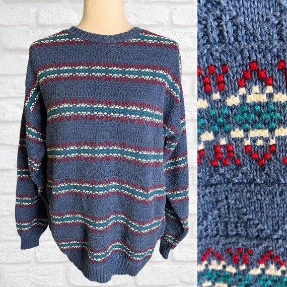 Vintage 1990's Blue Oversized Sweater LizWear Geo… - image 1