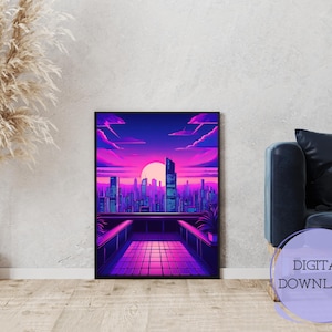Cyberpunk stadsgezicht muurkunst | Neon Vaporwave-poster | Futuristische poster | Retro jaren 80 esthetische print | Digitale download