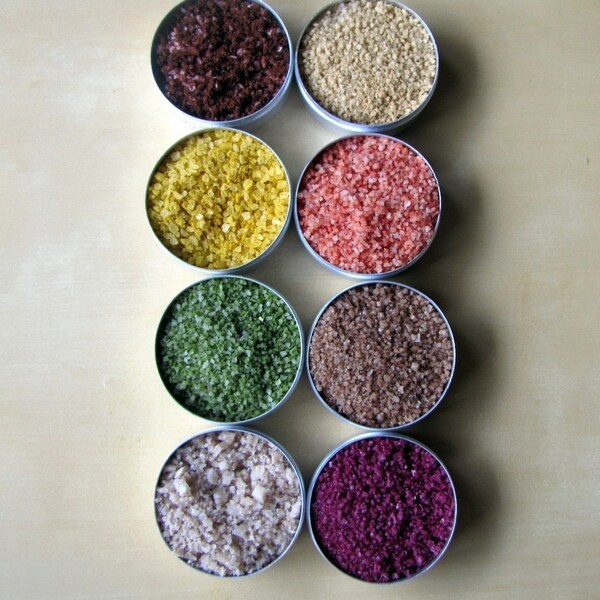 BLACK FRIDAY SALE. 25% Off.Gourmet naturally flavored salts (48mm diam/ 8 tins) - no artificial colors or flavors