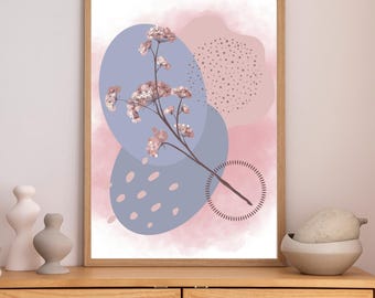 Minimalistische pastelkleurige bloemenmuurkunst, abstracte botanische print (digitale download)
