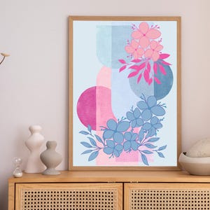 Pink and Blue Floral Abstract Wall Art, Digital Download Botanical Poster, Modern Minimalist Printable for Home or Office Decor