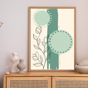 Botanical Line Art with Geometric Accents - Modern Digital Wall Art, Green Minimalist Poster, Nature-Inspired Decor, Sage Green Decor