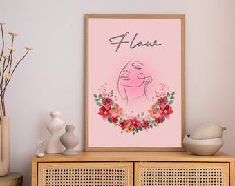 Arte lineal de mujer con corona floral, impresión bohemia minimalista (descarga digital)