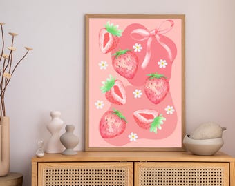 Strawberry Kitchen Print: Watercolor Fruit, Pink Daisy Art (Digital Download
