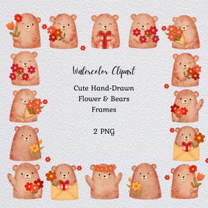 Könnte beinhalten: Aquarell-Cliparts mit handgezeichneten braunen Bären mit Blumen und Geschenken. Die Bären sind in einem quadratischen Rahmen angeordnet, mit dem Text "Cute Hand-Drawn Flower & Bears Frames" und "2 PNG".