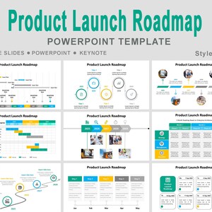 Peut inclure: Un modèle PowerPoint intitulé "Product Launch Roadmap" avec un en-tête turquoise. L'image affiche plusieurs diapositives avec des graphiques, des chronologies et des diagrammes. Les diapositives sont conçues pour Google Slides, PowerPoint et Keynote.