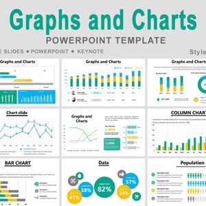 Puede incluir: Una plantilla de PowerPoint titulada "Gráficos y Diagramas" con varios tipos de gráficos, incluyendo gráficos de barras, columnas y líneas. La plantilla presenta una combinación de colores verde azulado y amarillo, con visualizaciones de datos y elementos de texto.