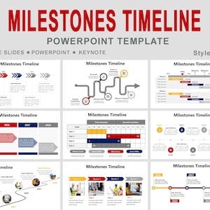 Puede incluir: Una plantilla de PowerPoint titulada "Cronograma de hitos" con varios diseños de cronograma. Los diseños incluyen flechas, diagramas de flujo y barras horizontales, con texto como "Google Slides", "PowerPoint" y "Keynote". La combinación de colores incluye rojo, azul, amarillo y gris.