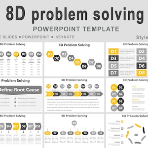 May include: A PowerPoint template titled "8D problem solving" with multiple slides. The slides feature diagrams and text boxes with steps labeled D1 through D8. The color scheme includes yellow, gray, and black elements.