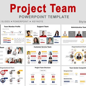 May include: A PowerPoint template titled "Project Team" with various slides showcasing team member profiles, organizational charts, and team gender composition. The design includes red, yellow, and blue accents.