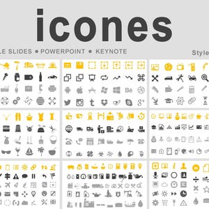 May include: A collection of icons in gray and yellow, arranged in a grid. The word "icones" is at the top, with "GOOGLE SLIDES • POWERPOINT • KEYNOTE" below. Style #01 is in the upper right corner. The icons represent various concepts.
