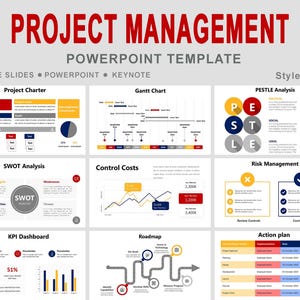 Könnte beinhalten: Eine PowerPoint-Vorlage für Projektmanagement mit Diagrammen und Grafiken. Enthält Abschnitte für Projektcharta, Gantt-Diagramm, SWOT-Analyse, Kostenkontrolle, KPI-Dashboard, Roadmap, PESTLE-Analyse, Risikomanagement und Aktionsplan. Text: "Projektmanagement".