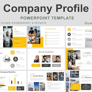 Puede incluir: Una plantilla de PowerPoint titulada "Company Profile" con un fondo gris claro. La plantilla incluye diapositivas para la descripción general del negocio, la línea de tiempo de la empresa, la misión, los servicios, los accionistas y los trabajos del proyecto. El diseño incorpora acentos amarillos e iconos.