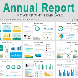 May include: A PowerPoint template titled "Annual Report" with various charts, graphs, and data visualizations. The design includes teal and yellow accents, with the text "GOOGLE SLIDES • POWERPOINT • KEYNOTE". The style is labeled as "Style #02".