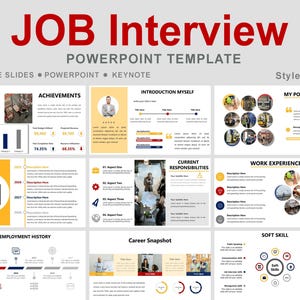Puede incluir: Una plantilla de presentación digital titulada JOB Interview PowerPoint Template con Style #03. Incluye nueve diapositivas con secciones para logros, introducción, portafolio, agenda, responsabilidades, experiencia laboral, historial y habilidades blandas.