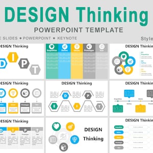 Könnte beinhalten: Eine PowerPoint-Vorlage mit dem Titel "DESIGN Thinking" mit verschiedenen Folienentwürfen. Die Folien zeigen farbenfrohe Grafiken und Text, darunter die Wörter "Empathize", "Define", "Ideate", "Prototype" und "Test". Die Vorlage ist kompatibel mit Google Slides, PowerPoint und Keynote.