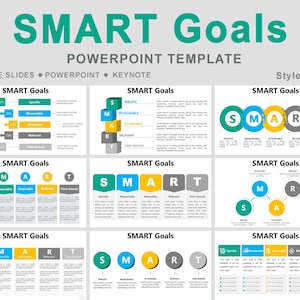 Puede incluir: Una plantilla de PowerPoint para "Objetivos SMART" con múltiples diseños de diapositivas. Las diapositivas muestran el acrónimo "SMART" con las palabras Específico, Medible, Alcanzable, Relevante y Temporal. La plantilla está diseñada para Google Slides, PowerPoint y Keynote.