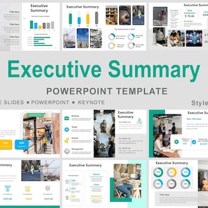 May include: A PowerPoint template labelled "Executive Summary" in teal and white. The template features slides with charts, graphs, and images related to business and construction. Compatible with Google Slides, PowerPoint, and Keynote. Style #02 is also visible.
