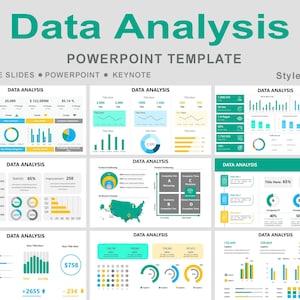 Może przedstawiać: Szablon PowerPoint "Data Analysis" z wykresami w kolorach zielonym, żółtym i niebieskim. Zawiera wizualizacje danych dla Google Slides, PowerPoint i Keynote. Tekst "Data Analysis" u góry.