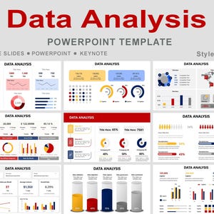 以下が含まれることがあります： 「Data Analysis」というタイトルのPowerPointテンプレートで、グラフやインフォグラフィックなど、さまざまなデータ視覚化が含まれています。デザインは、大きな太字の文字で「Data Analysis」というテキストを使用した赤と白の配色が特徴です。