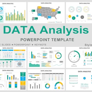 May include: A PowerPoint template titled "DATA Analysis" with various data visualization charts and graphs. The template includes charts, maps, and infographics in shades of green, yellow, and blue. Text includes "GOOGLE SLIDES POWERPOINT KEYNOTE".
